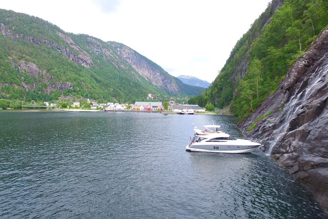 Private Fjord and waterfalls cruise to Modal- Mostraumen - Out past Nordhordland Bridge into Osterfjorden waterfall country